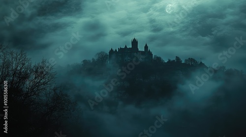 Eerie landscape featuring a mysterious castle shrouded in mist under a moonlit sky, creating an atmosphere of suspense and intrigue.