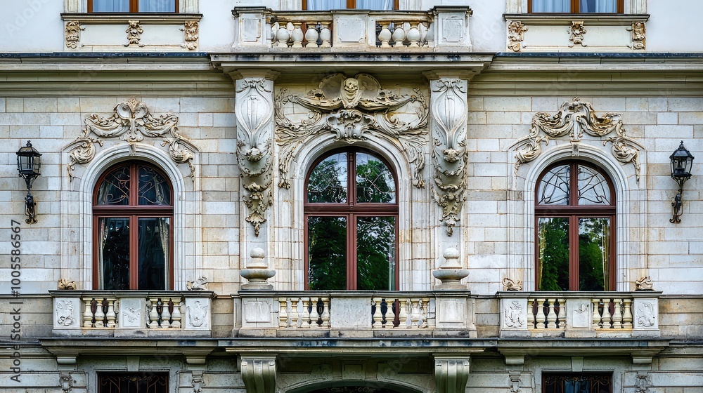 Obraz premium Elegant architectural detail of a historical building featuring ornate windows and decorative elements.