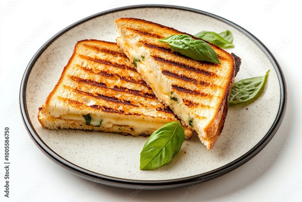 Grilled Turkey Panini. basil, provolone cheese on a plate Isolated on a white Background. Toast with cheese. generative ai Grilled Turkey Panini. basil, provolone cheese on a plate Isolated on a white Background. Toast with cheese. generative ai