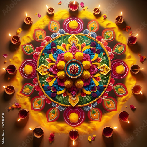 A top-down view of a vibrant and intricate rangoli design during Diwali festival