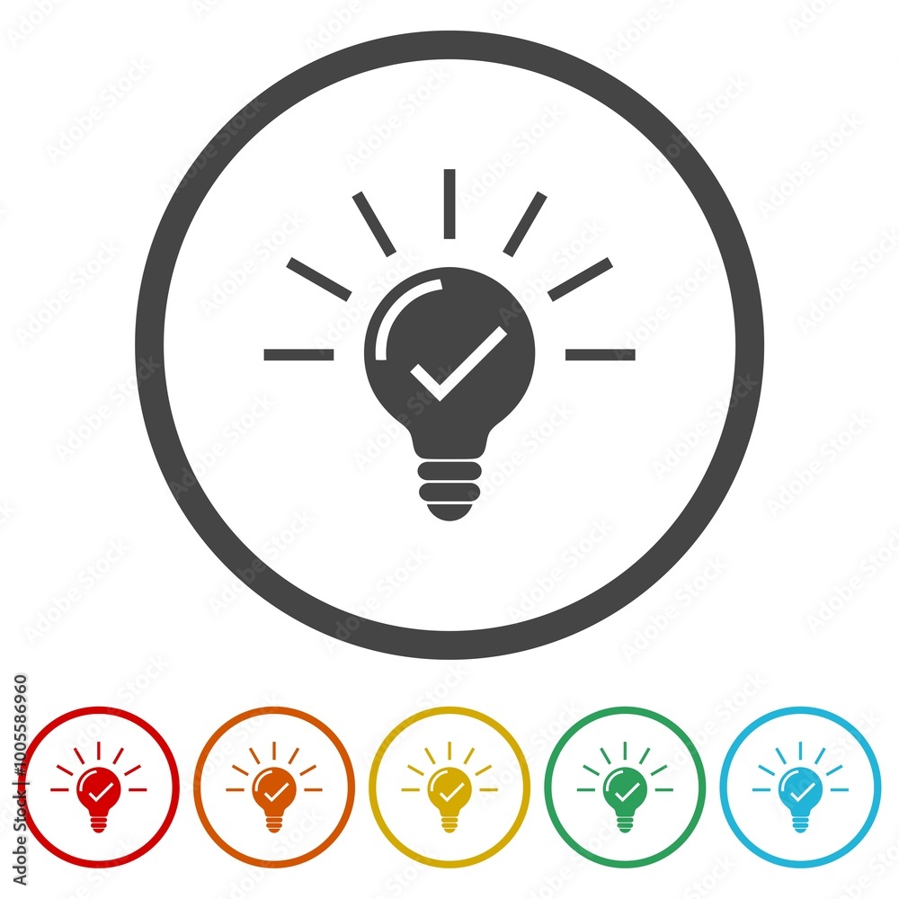 Done bulb idea icon. Set icons in color circle buttons Done bulb idea icon. Set icons in color circle buttons