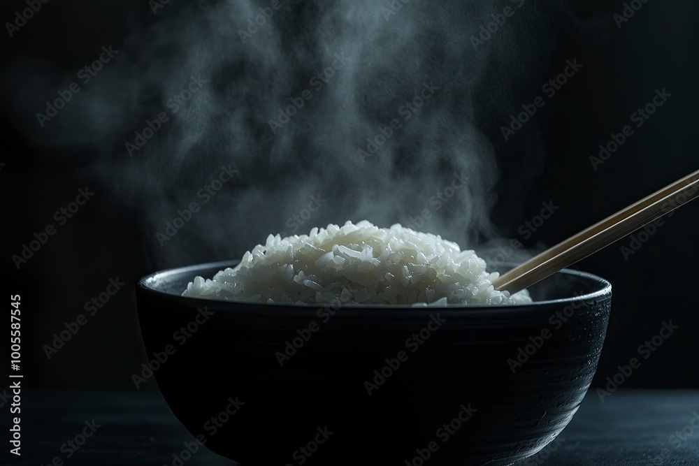 Japanese rice, Cook rice. Close up natural steaming cooked Japanese white rice in black bowl with chopstick on black background, soft focus. Healthy Food Concept. generative ai Japanese rice, Cook rice. Close up natural steaming cooked Japanese white rice in black bowl with chopstick on black background, soft focus. Healthy Food Concept. generative ai