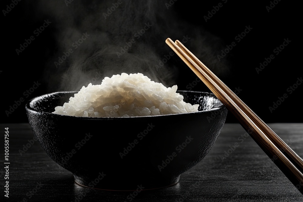 Japanese rice, Cook rice. Close up natural steaming cooked Japanese white rice in black bowl with chopstick on black background, soft focus. Healthy Food Concept. generative ai Japanese rice, Cook rice. Close up natural steaming cooked Japanese white rice in black bowl with chopstick on black background, soft focus. Healthy Food Concept. generative ai