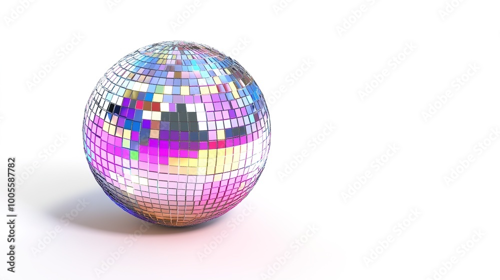 A stunning disco ball reflecting a dazzling array of colors against a pure white background, showcasing a photorealistic style enhanced by dramatic studio lighting. A stunning disco ball reflecting a dazzling array of colors against a pure white background, showcasing a photorealistic style enhanced by dramatic studio lighting.