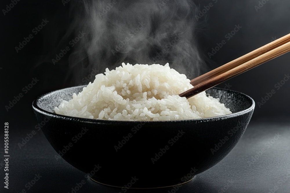 Japanese rice, Cook rice. Close up natural steaming cooked Japanese white rice in black bowl with chopstick on black background, soft focus. Healthy Food Concept. generative ai Japanese rice, Cook rice. Close up natural steaming cooked Japanese white rice in black bowl with chopstick on black background, soft focus. Healthy Food Concept. generative ai
