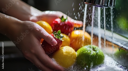 Fresh fruits being rinsed under water in a kitchen sink, showcasing vibrant colors and healthy living.