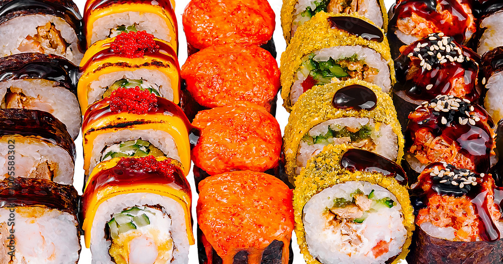 Sushi set presenting variety of japanese food with rice and fish Sushi set presenting variety of japanese food with rice and fish