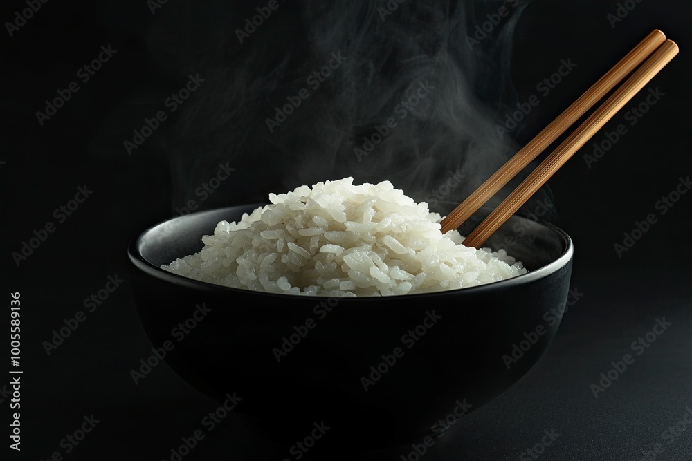 Japanese rice, Cook rice. Close up natural steaming cooked Japanese white rice in black bowl with chopstick on black background, soft focus. Healthy Food Concept. generative ai Japanese rice, Cook rice. Close up natural steaming cooked Japanese white rice in black bowl with chopstick on black background, soft focus. Healthy Food Concept. generative ai