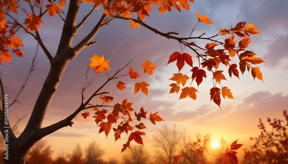 Colorful autumn leaves on a tree against a stunning sunset backdrop, showcasing vibrant shades of orange, red, and yellow, with the warm glow of the sun illuminating the scene, creating a picturesque Colorful autumn leaves on a tree against a stunning sunset backdrop, showcasing vibrant shades of orange, red, and yellow, with the warm glow of the sun illuminating the scene, creating a picturesque