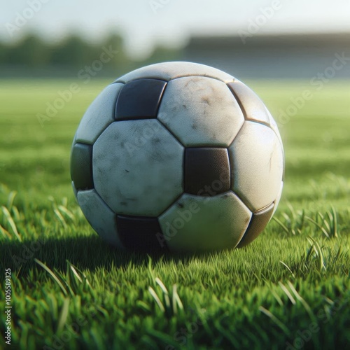 Football lying on a grassy field, showcasing the laces in detail.