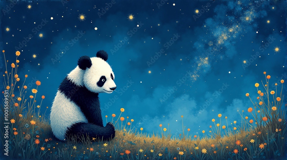 Fototapeta premium a panda sits in the grass with the stars in the background.