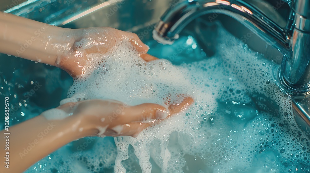 Fototapeta premium Hands gently washing with soap and water, creating bubbles in a kitchen sink, showcasing cleanliness and hygiene.