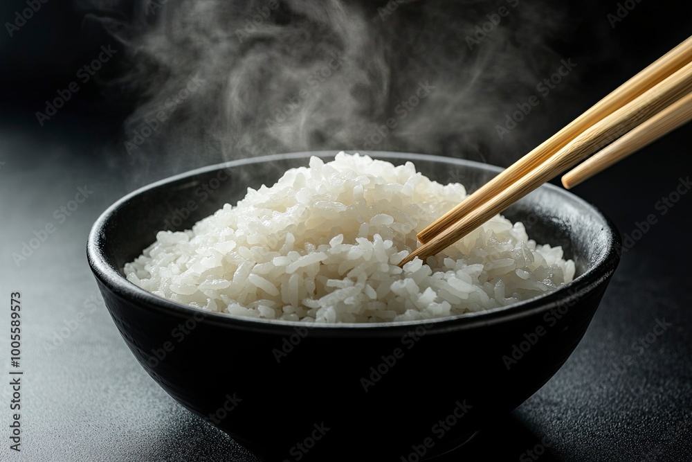 Japanese rice, Cook rice. Close up natural steaming cooked Japanese white rice in black bowl with chopstick on black background, soft focus. Healthy Food Concept. generative ai Japanese rice, Cook rice. Close up natural steaming cooked Japanese white rice in black bowl with chopstick on black background, soft focus. Healthy Food Concept. generative ai