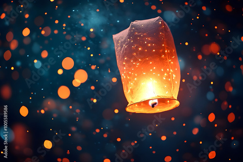 A sky lantern floating in the sky at night of Diwali festival photo