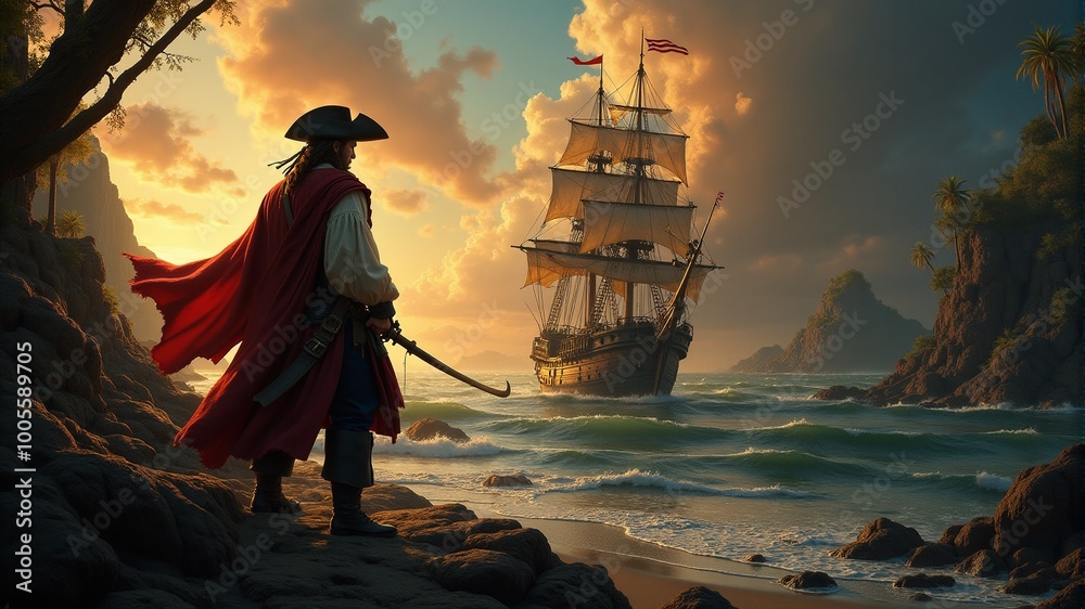 Fototapeta premium a pirate ship is on the beach and the man is looking at the ship.