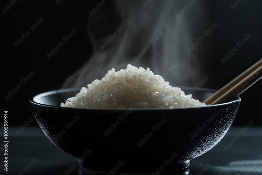Japanese rice, Cook rice. Close up natural steaming cooked Japanese white rice in black bowl with chopstick on black background, soft focus. Healthy Food Concept. generative ai Japanese rice, Cook rice. Close up natural steaming cooked Japanese white rice in black bowl with chopstick on black background, soft focus. Healthy Food Concept. generative ai
