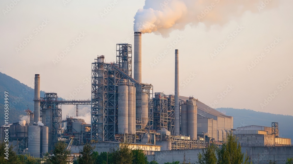 Fototapeta premium Industrial factory emitting smoke, showcasing modern production techniques and environmental impact in a scenic landscape.