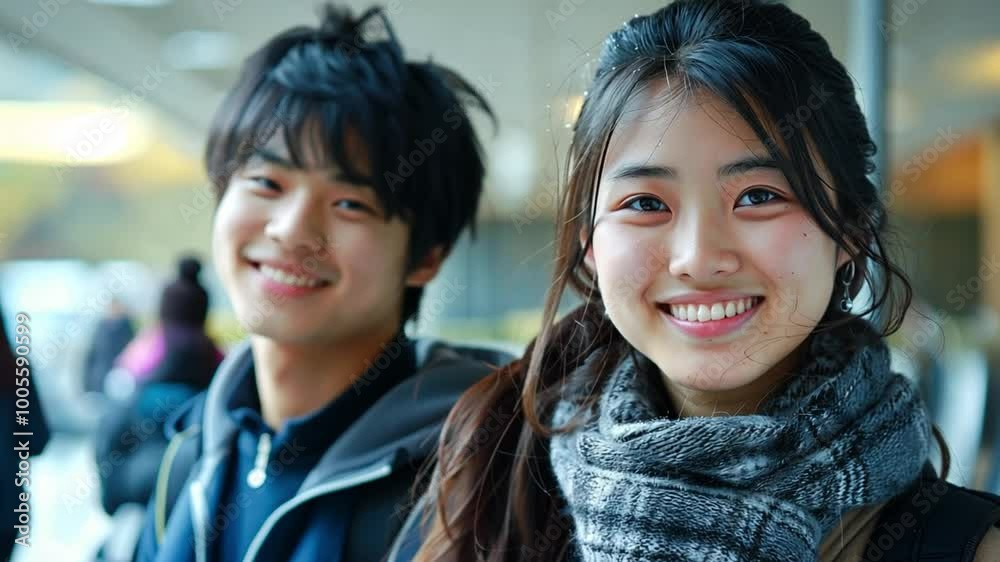 Two young individuals stand together, smiling joyfully in an urban environment filled with people. Their warm expressions reflect a friendly atmosphere and companionship. Two young individuals stand together, smiling joyfully in an urban environment filled with people. Their warm expressions reflect a friendly atmosphere and companionship.