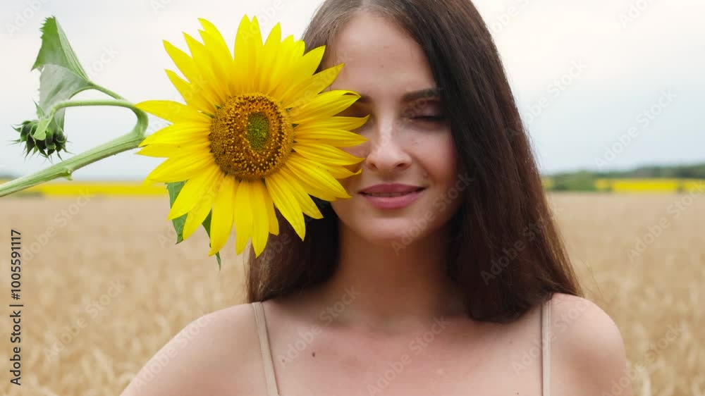 Brunette hides her face behind sunflower. Brunette hides her face behind sunflower.