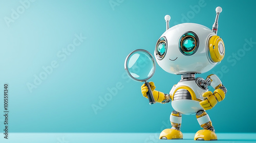 cheerful 3D robot holding magnifying glass, showcasing curiosity and exploration. vibrant colors and friendly design create engaging atmosphere photo