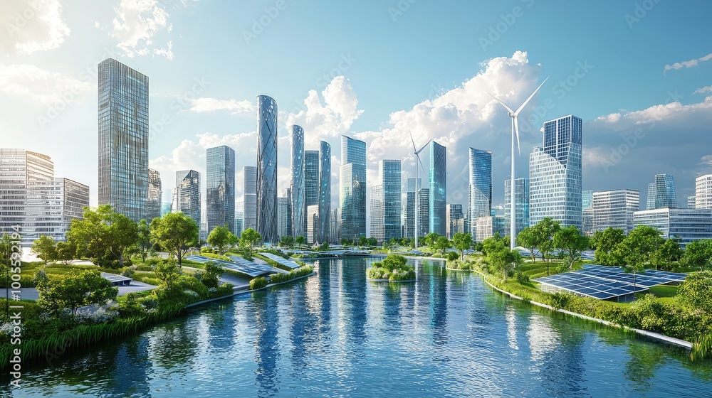 Fototapeta premium Modern cityscape featuring skyscrapers, greenery, and wind turbines by a serene river, showcasing sustainable urban design.