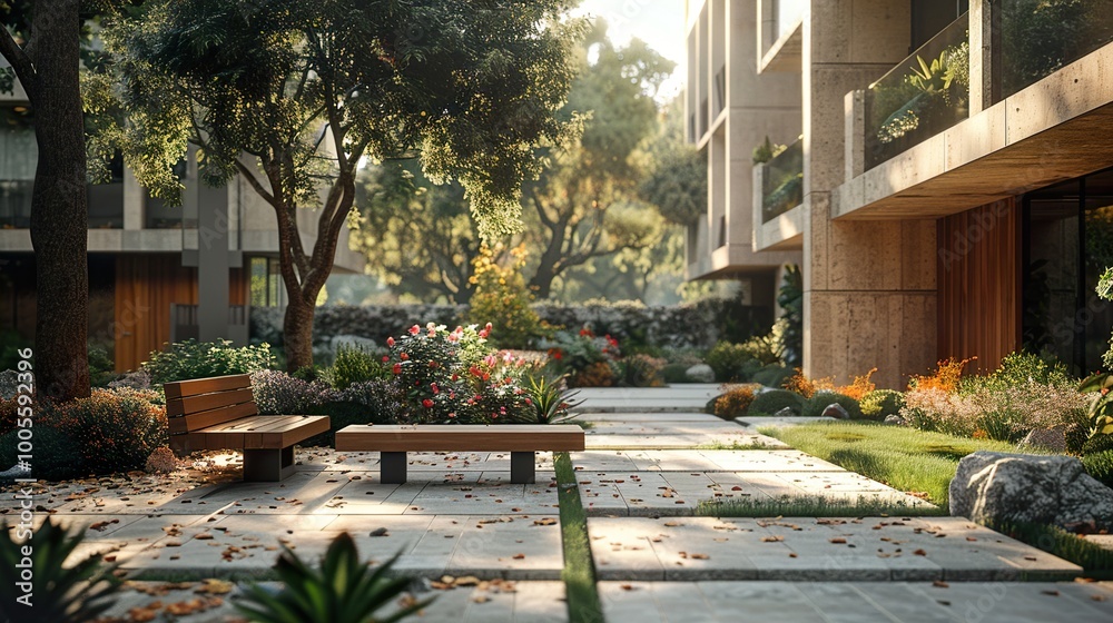 Obraz premium Modern Architecture Building with Garden and Bench