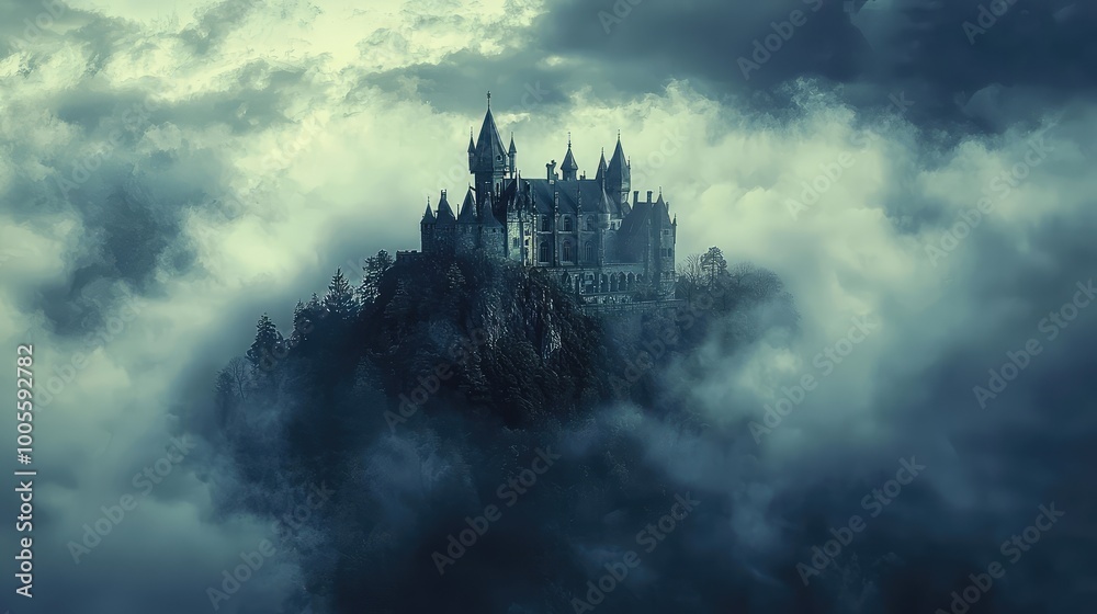 Mysterious castle shrouded in thick fog, perched on a rocky cliff, evoking a sense of enchantment and intrigue. Mysterious castle shrouded in thick fog, perched on a rocky cliff, evoking a sense of enchantment and intrigue.
