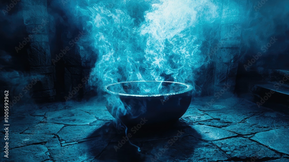 Mysterious scene featuring a smoky cauldron in a dimly lit space, evoking an atmosphere of magic and enchantment. Mysterious scene featuring a smoky cauldron in a dimly lit space, evoking an atmosphere of magic and enchantment.