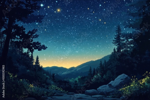 Starry Night Sky Over a Forest and Mountains