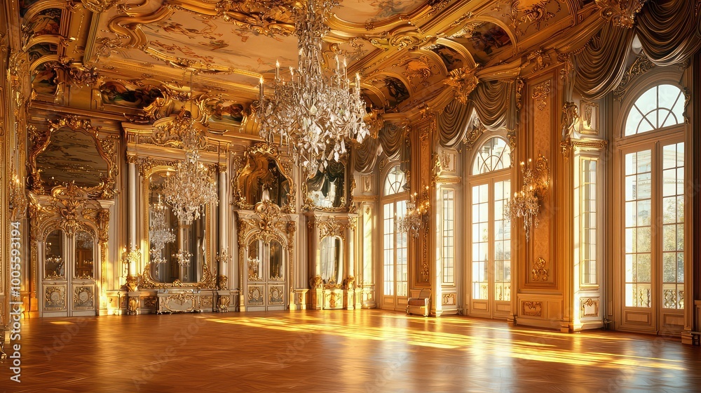 Fototapeta premium Opulent ballroom featuring grand chandeliers, intricate decor, and sunlight streaming through tall windows, creating an elegant atmosphere.