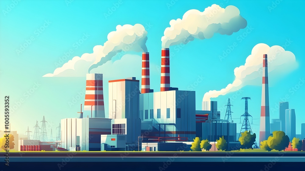 Obraz premium Sleek and modern minimalist cartoon style power plant with clean lines vibrant color palette and futuristic optimistic energy An industrial setting with a stylized urban landscape and conceptual