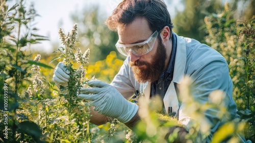 Researcher examines plant sample in a lush green field, showcasing dedication to environmental science and botany. photo