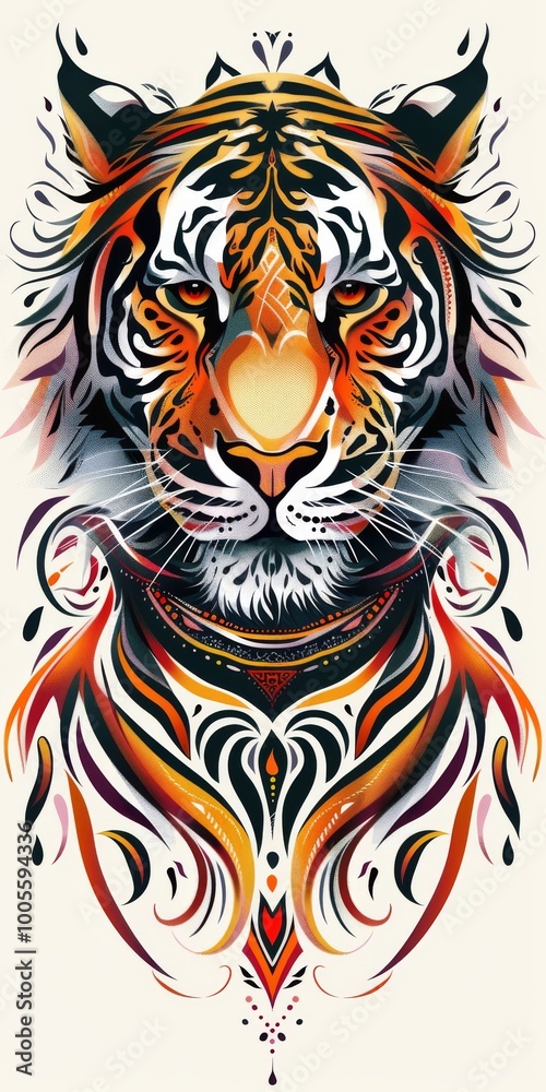 Realistic illustration of a tiger head with bright tribal decorations. Realistic illustration of a tiger head with bright tribal decorations.