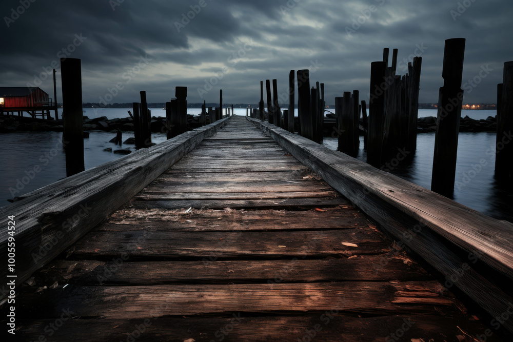 Obraz premium Weathered Wooden Docks Under a Cloudy Sky