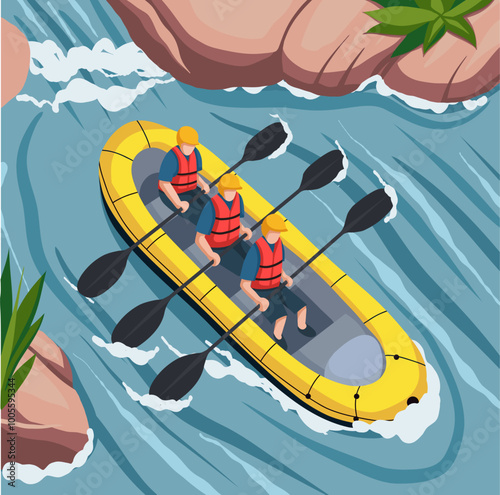 Vector illustration of rafting on river top view. Active sport leisure in flat style. Water sport hobby with friends.