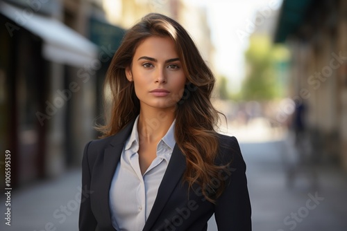 A woman in a business suit stands on a sidewalk