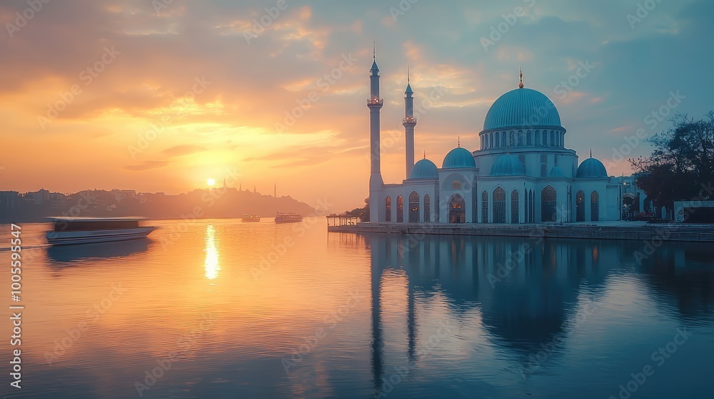 Fototapeta premium Serene sunset over a tranquil lake, featuring a beautiful mosque reflected in the calm waters and surrounded by scenic nature.
