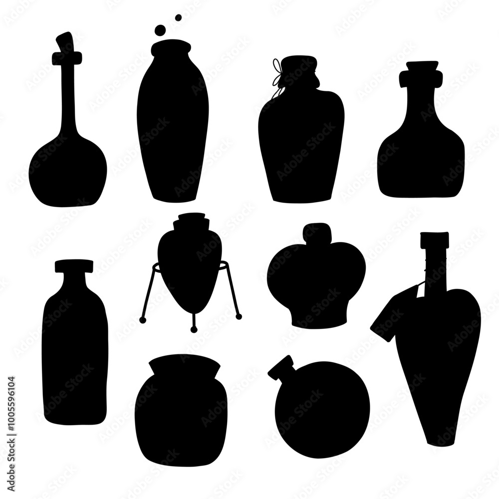Vector set of magic potions and poisons pictograms isolated from background. Collection of black silhouettes of bottles and flasks for logos, stickers Vector set of magic potions and poisons pictograms isolated from background. Collection of black silhouettes of bottles and flasks for logos, stickers