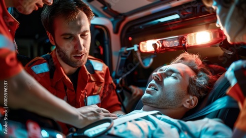 A man is being treated by two paramedics in an ambulance