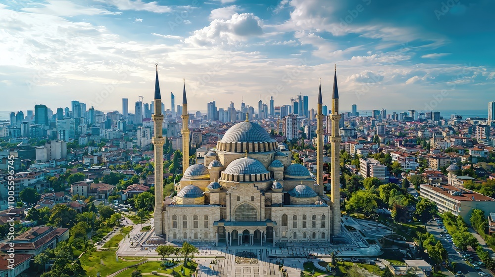 Obraz premium Stunning aerial view of a magnificent mosque surrounded by a vibrant city skyline under a picturesque sky.