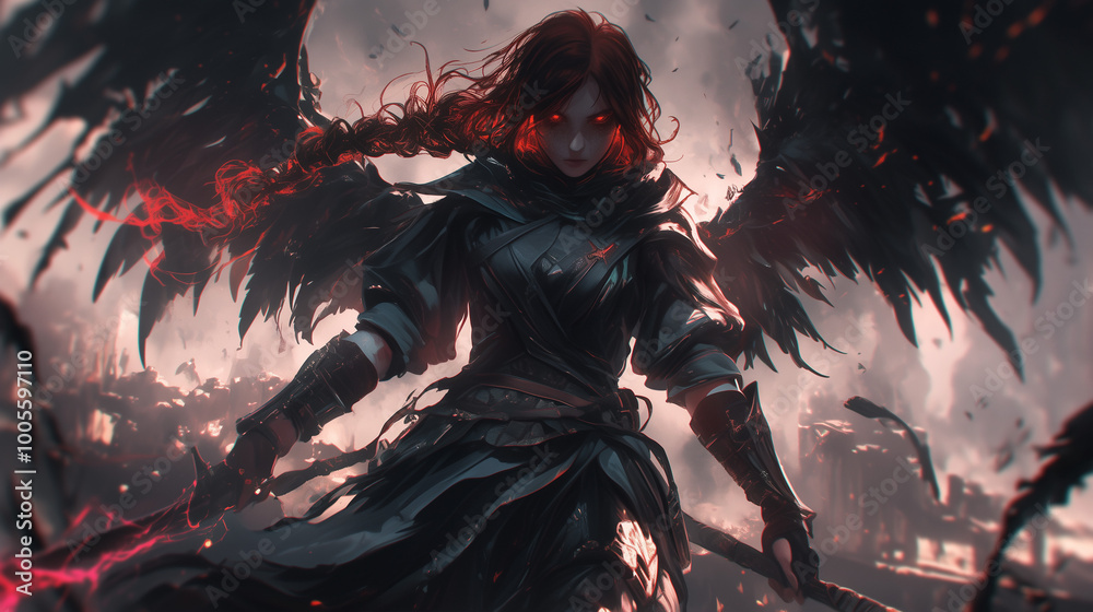 Fototapeta premium female fallen angel with fiery aura wields a sword amidst chaos