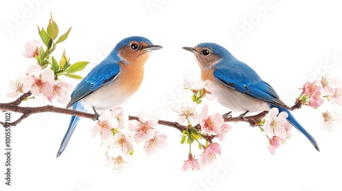 Charming Bluebirds on a Flowering Branch: This Image Captures a Pair of Vibrant Bluebirds Perched Gracefully on a Delicate Branch Adorned with Small Pink and White Blossoms. The Clean White Background