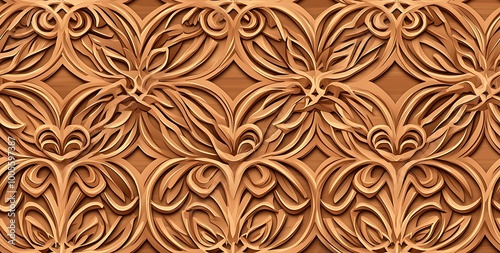 3d seamless pattern with carved wooden flowers