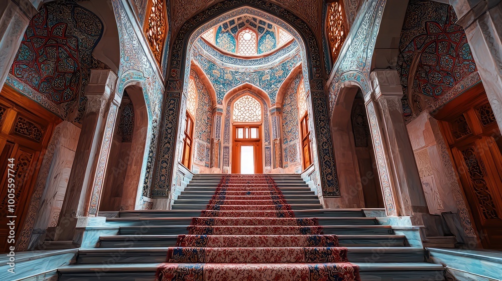 Obraz premium Stunning interior of a grand staircase, adorned with intricate patterns and vibrant colors, leading to a bright illuminated entrance.