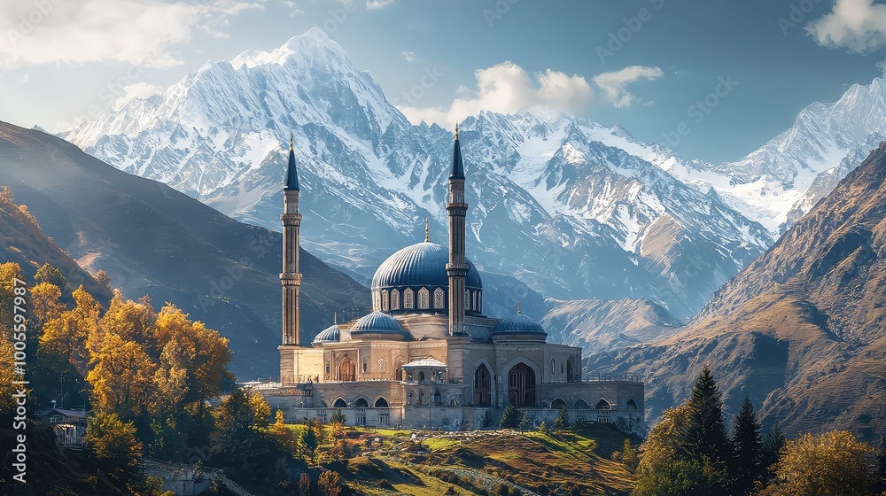 Fototapeta premium Stunning mountain landscape featuring a majestic mosque surrounded by nature, showcasing serene beauty and architectural elegance.