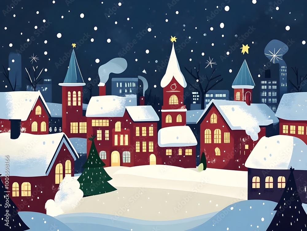 Naklejka premium Whimsical of a cozy Christmas village with snowy rooftops glowing holiday lights and a festive traditional atmosphere