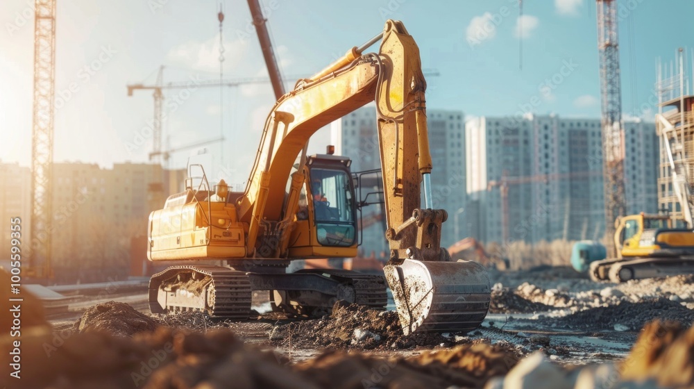 A large yellow construction machine is digging into the ground A large yellow construction machine is digging into the ground