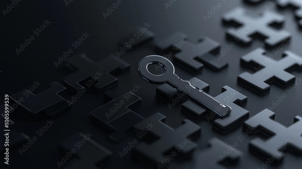 A key rests among dark, puzzle-like shapes, symbolizing solutions and unlocking potential in a visually striking, minimalist setting. A key rests among dark, puzzle-like shapes, symbolizing solutions and unlocking potential in a visually striking, minimalist setting.