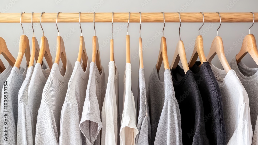 Stylish collection of gray and black t-shirts neatly arranged on wooden hangers against a minimalist background. Stylish collection of gray and black t-shirts neatly arranged on wooden hangers against a minimalist background.