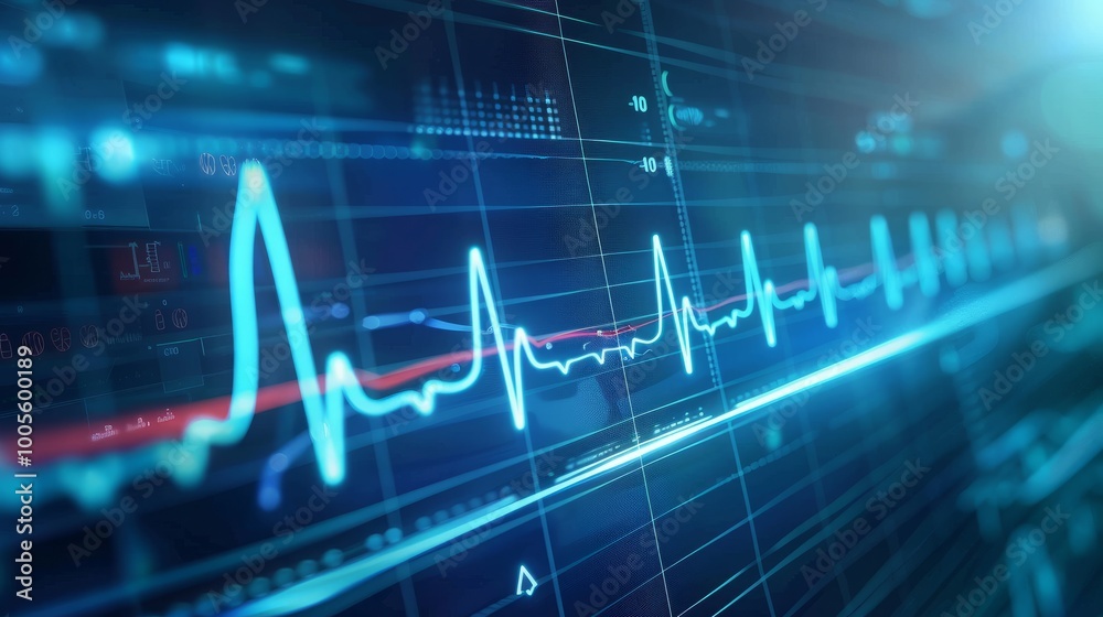 Close-up of a heart rate monitor displaying a healthy heartbeat. The blue line represents a strong and steady rhythm. Close-up of a heart rate monitor displaying a healthy heartbeat. The blue line represents a strong and steady rhythm.